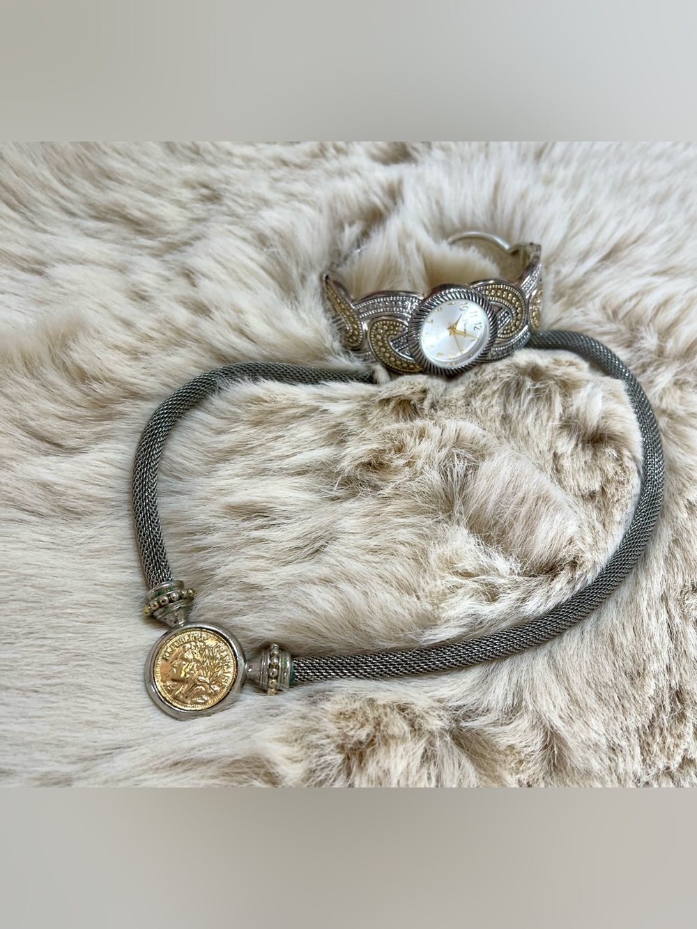 Two-Tone Coin Necklace and Bangle Watch Set w Gold and Gray Leather Belt